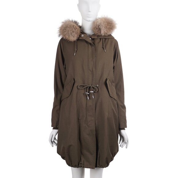 URBAN RESEARCH Rosso Women Jacket M/L Green Hooded Raccoon Fur Trim Anorak Parka - Picture 1 of 14